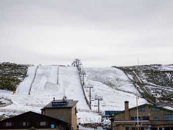 Snow covered buildings against sky