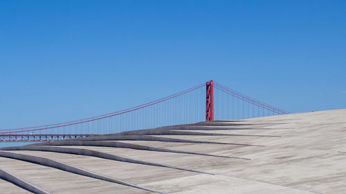 Low angle view of suspension bridge against blue sky