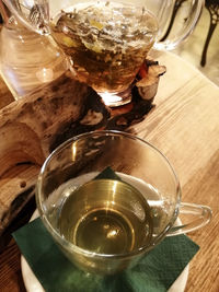 High angle view of tea in glass on table