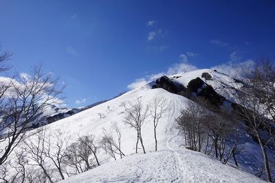 Scenic view of snowcapped mountains against blue sky