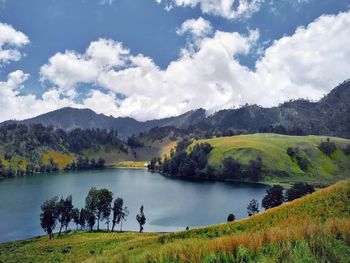 Scenic view of lake and trees against sky