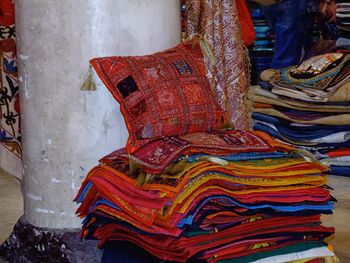 Colorful textiles at market for sale