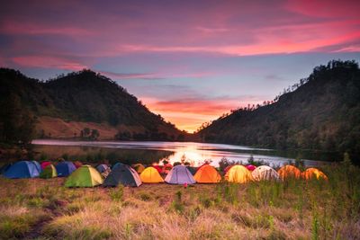 People on field against sky during sunset