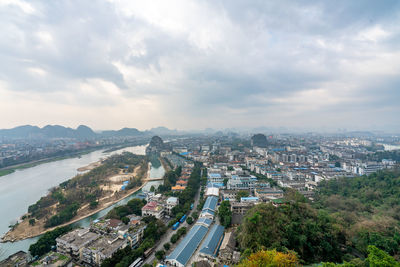 High angle view of buildings against sky