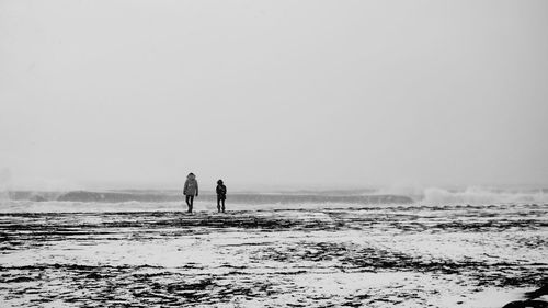 Silhouette people on beach against clear sky