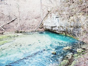 High angle view of water flowing through rocks