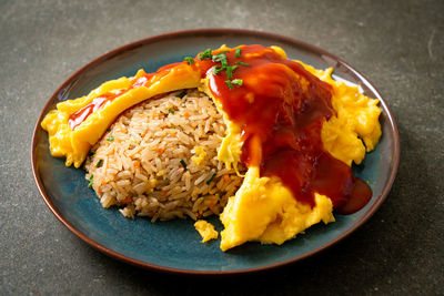 High angle view of food in plate on table