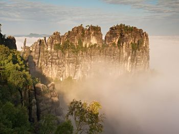 Misty valley, sharp rocks gentle cut creamy fog to strips. long valley full of fresh spring mist