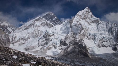 Scenic view of snow covered mountains against sky