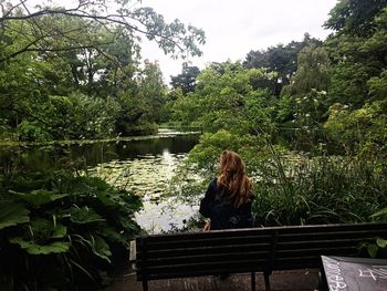 Rear view of woman sitting by railing against lake