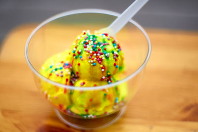 Close-up of ice cream in bowl on table