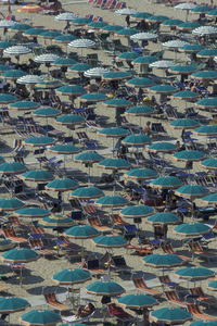 High angle view of deck chairs