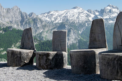 View of rocks on landscape against mountain range