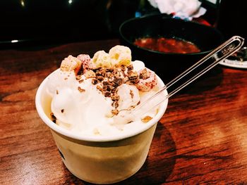Close-up of ice cream in bowl on table