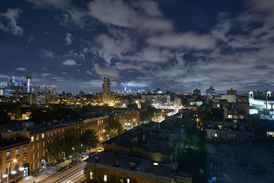 View of cityscape against cloudy sky