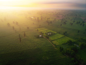 High angle view of field against sky