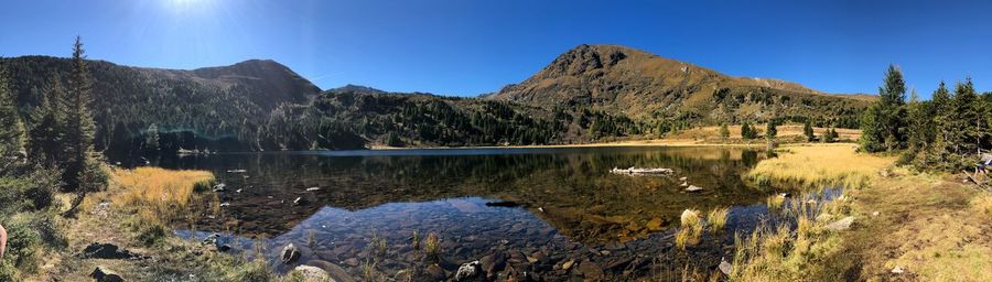 Scenic view of lake and mountains against sky