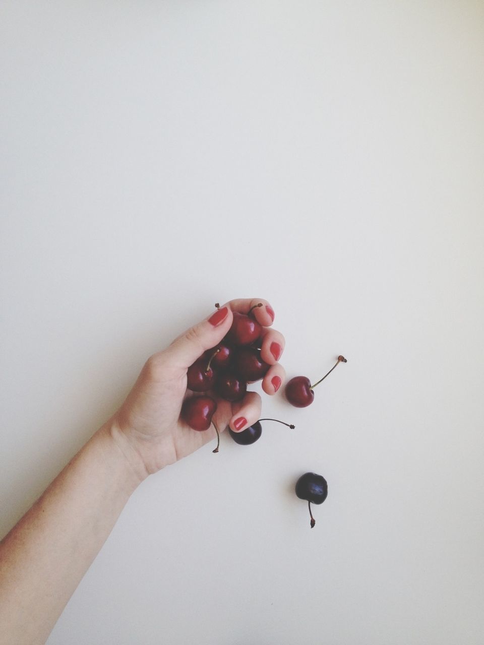 person, freshness, holding, white background, studio shot, copy space, fruit, red, part of, food and drink, cropped, food, healthy eating, human finger, close-up, unrecognizable person, stem