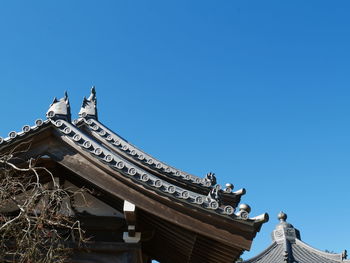 Low angle view of temple building against clear blue sky