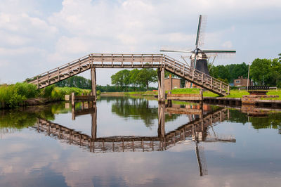 Reflection of bridge and windmil in water