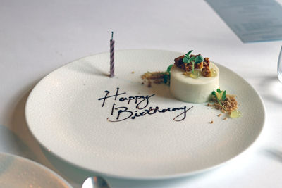 High angle view of dessert in plate on table