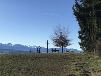 Scenic view of field against clear sky