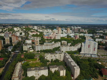 High angle shot of townscape against sky