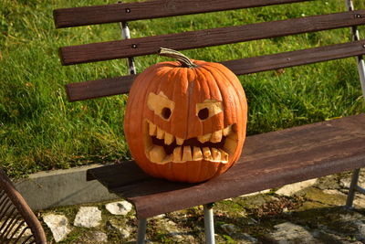 View of pumpkin on wood during halloween