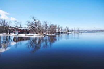 Scenic view of lake against clear blue sky