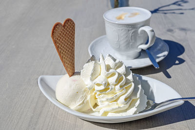 High angle view of dessert on table