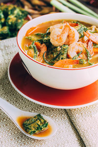 High angle view of soup in bowl on table