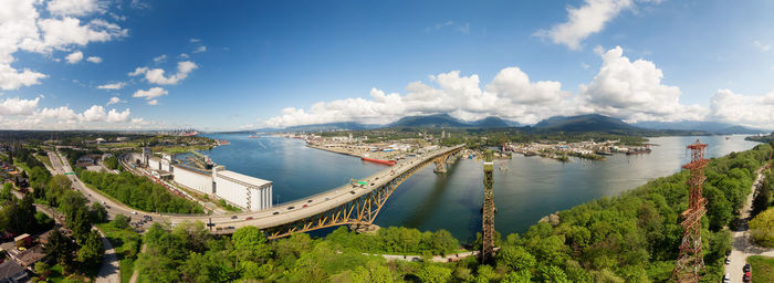 Panoramic view of bay against sky