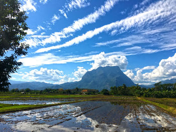 Scenic view of landscape and lake against sky