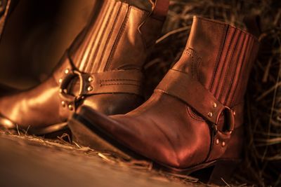 Close-up of brown boots on land