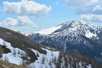 Scenic view of snowcapped mountains against sky