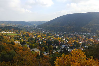 High angle view of townscape against sky during autumn