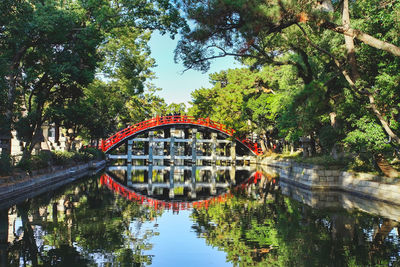 Arch bridge over lake against sky