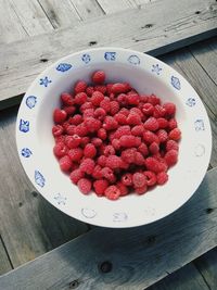 High angle view of strawberries in plate on table