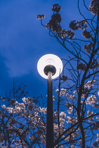 Low angle view of street light against blue sky