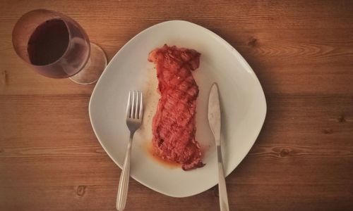 High angle view of food in plate on table