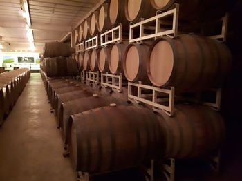 Row of wine bottles in building