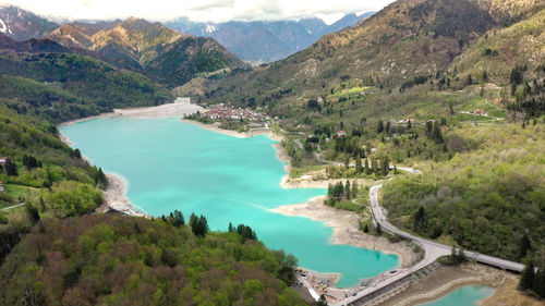 Barcis lake in a panoramic aerial view at valcellina-pordenone,place to visit on dolomites