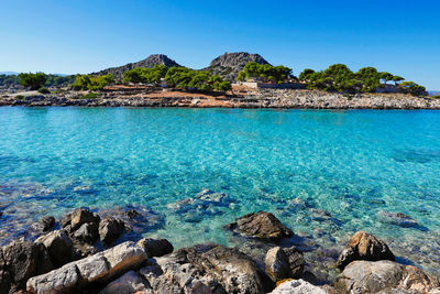 Scenic view of sea against clear blue sky