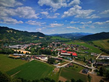 High angle view of buildings against sky