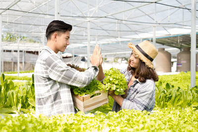 Young man doing high five while working at greenhouse