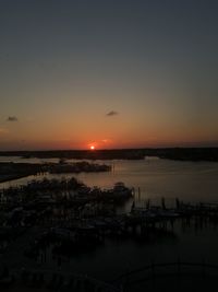 High angle view of harbor at sunset