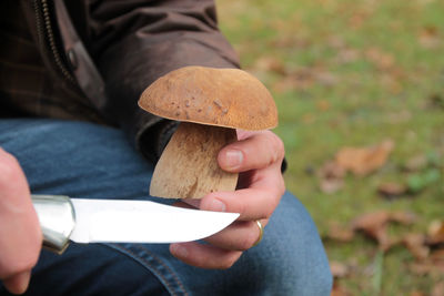 Close-up of man cutting mushroom with knife at field