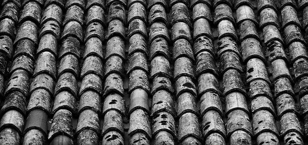 Low angle view of patterned roof tiles