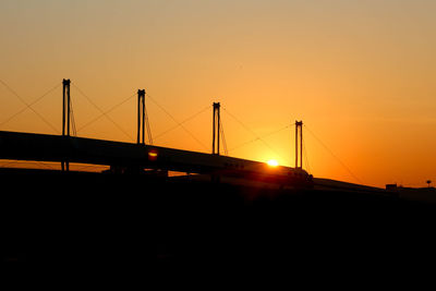 Silhouette of suspension bridge against sky during sunset