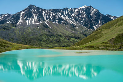 Scenic view of lake by mountains against sky